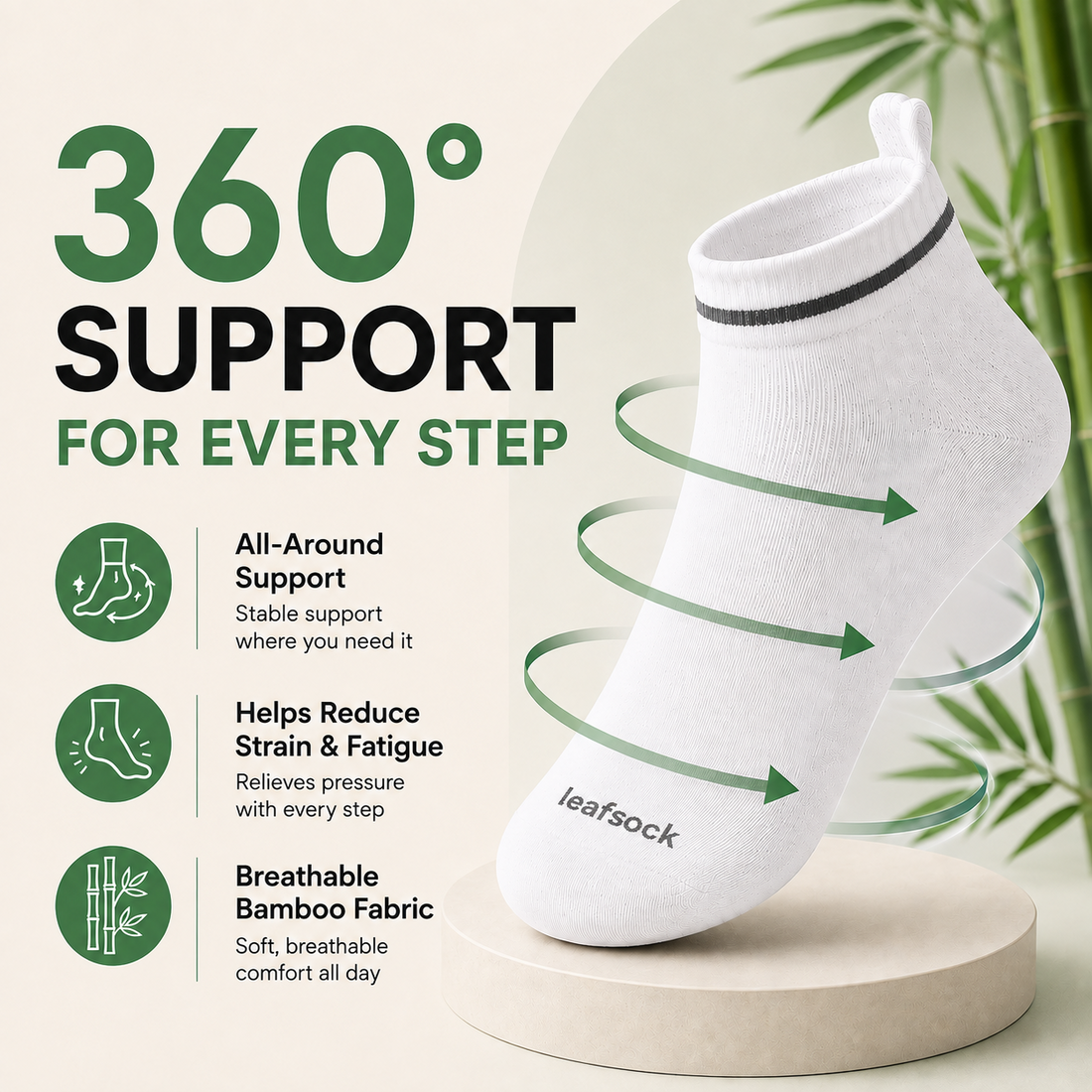 Classic White bamboo ankle compression sock displayed on a round plinth.