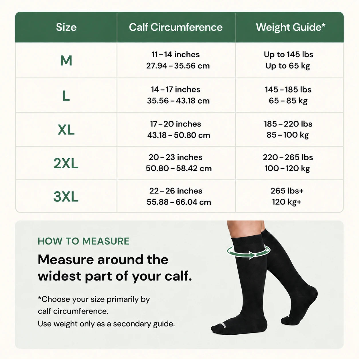 Bamboo Wide Compression Socks size chart