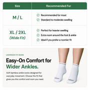 LeafSock ankle compression socks size guide showing M/L and XL/2XL options.