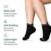 Classic Black ankle compression socks shown on the feet with cuff and padding details.