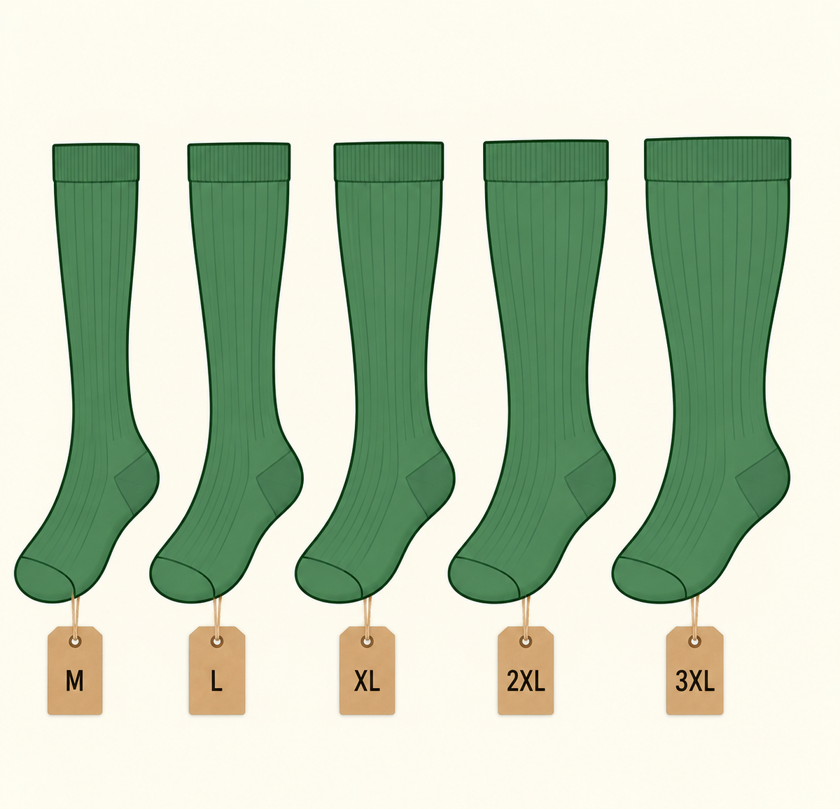 LeafSock knee-high compression socks in five sizes, M, L, XL, 2XL and 3XL, illustrated side by side