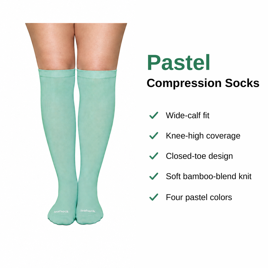 Mint Green pastel bamboo compression socks with wide-calf, knee-high and closed-toe features.
