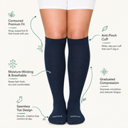 Navy knee-high bamboo compression socks with illustrated cuff, knit and toe details.
