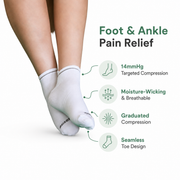 White ankle compression socks infographic with 14 mmHg, breathable fabric and seamless toe