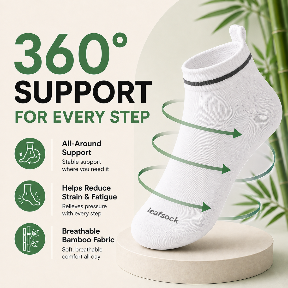 Classic White bamboo ankle compression sock displayed on a round plinth.