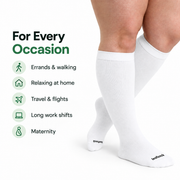 White knee-high bamboo compression socks shown on the legs with everyday-use illustrations.