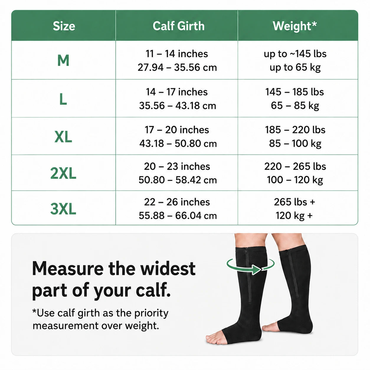 Bamboo open-toe wide-calf compression socks size chart with calf measurement guidance.